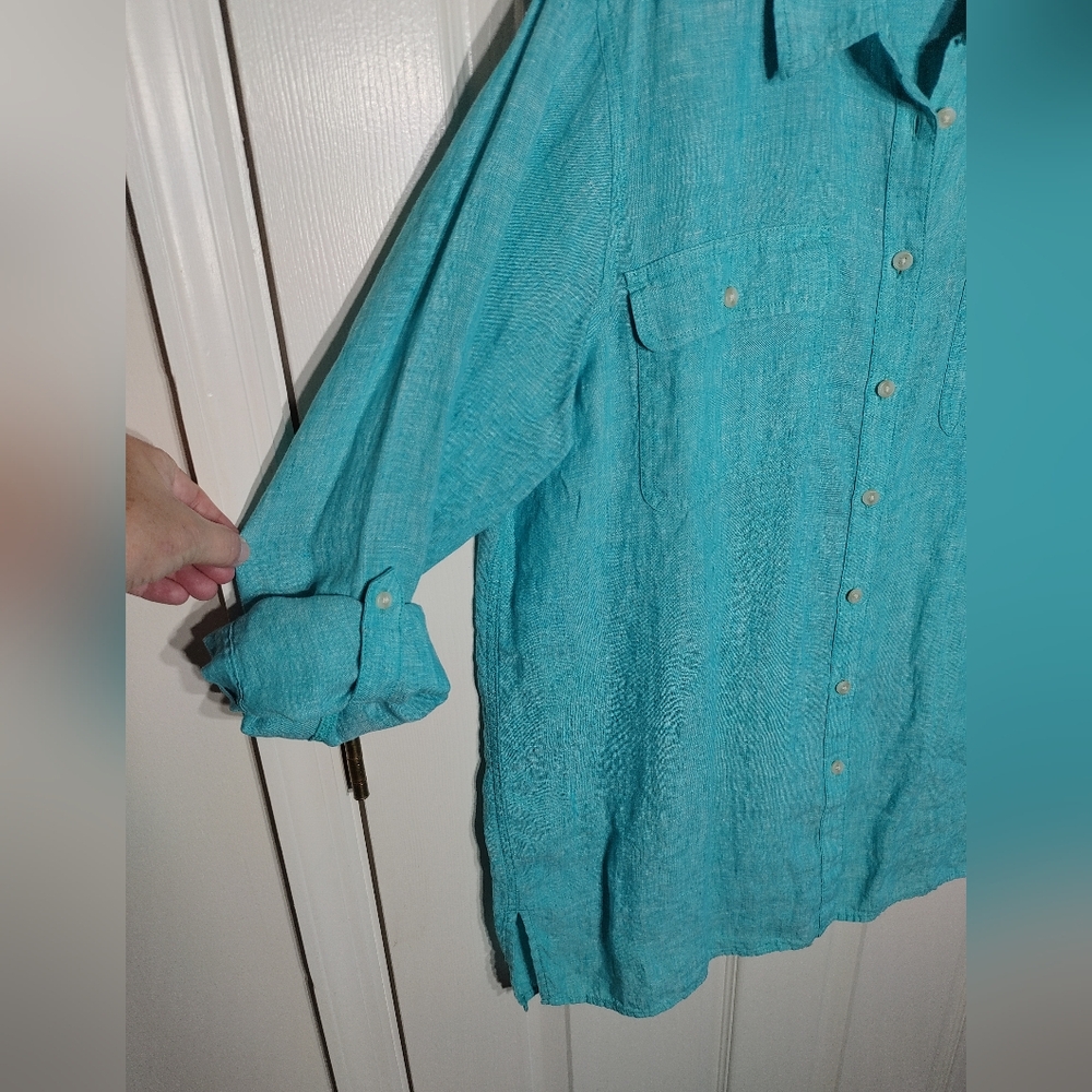 LAND'S END Teal Linen Button Down Shirt - Picture 4 of 6